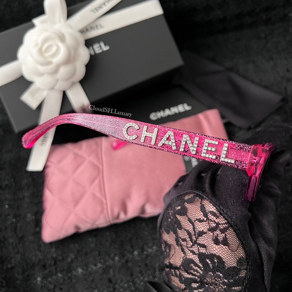 Auth NIB Chanel 71280 Crystal Logo Pink Glitter Rectangle Sunglasses - Picture 6 of 11